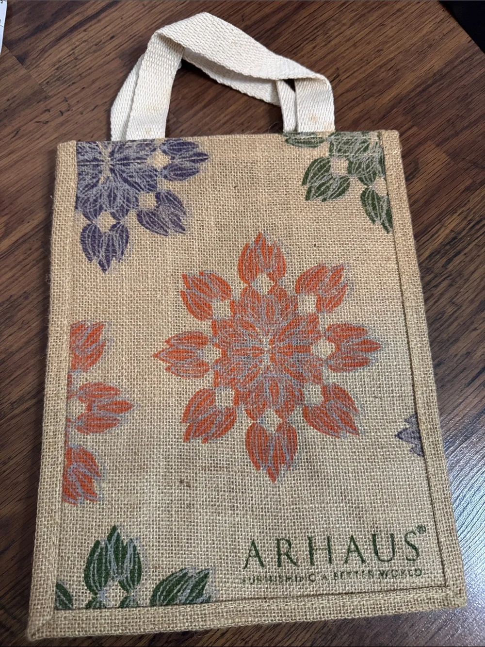 Natural Jute Tote Bag with Orange Floral Design 38.B3